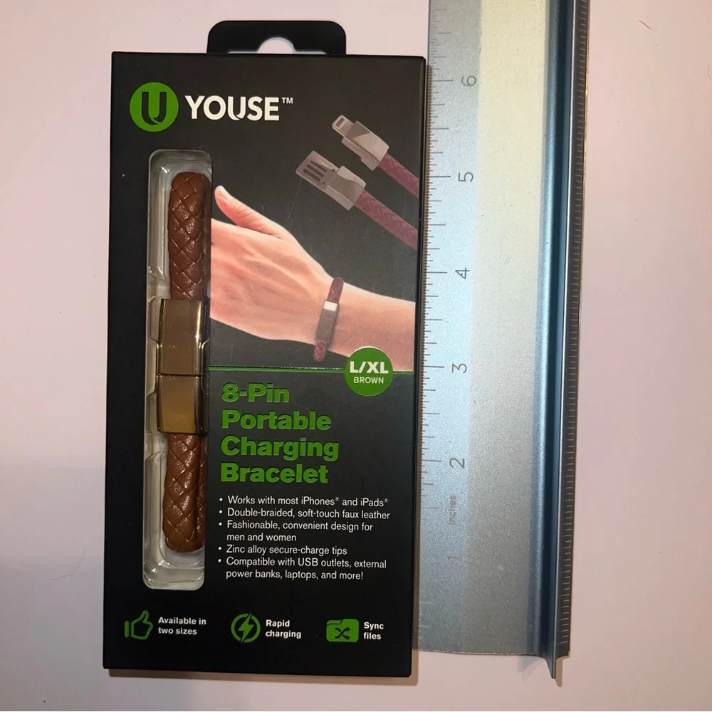 🆕YOUSE 8‑Pin Portable Charging Bracelet – Brown L/XL – New Sealed